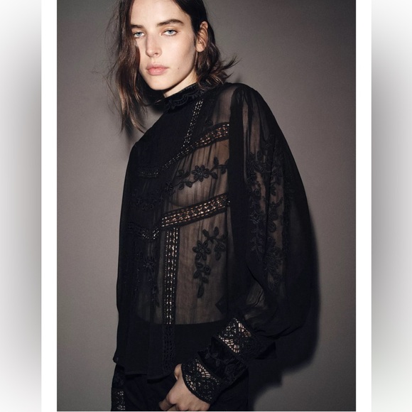 VELVET LADDER TRIM BLOUSE ZW COLLECTION
Zara Black Sheer Lace Embroidered Blouse - Picture 12 of 14